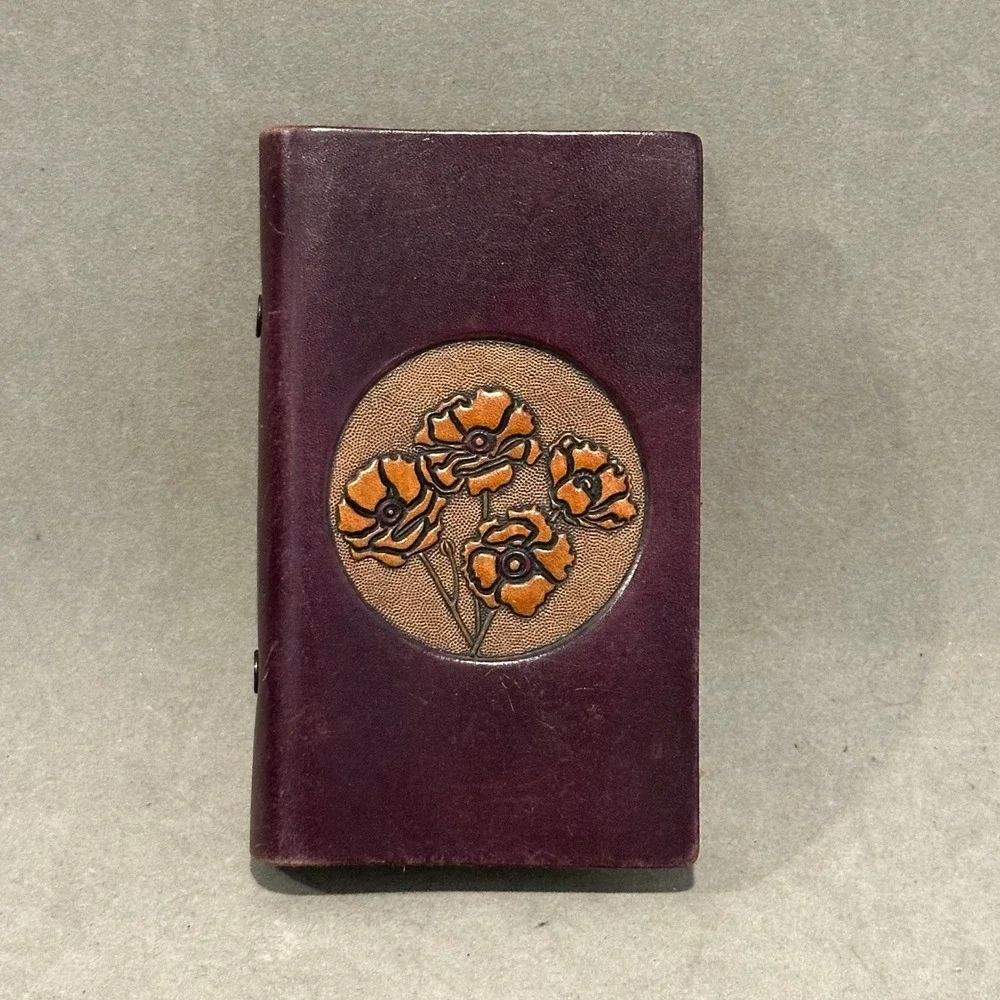 Vintage Tooled Leather Pocket Address Book Purple Poppy Floral Hand Crafted 5.5